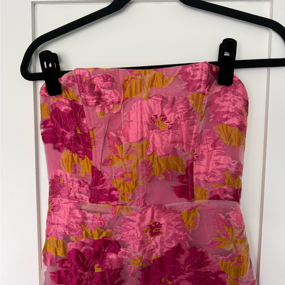 Lulus Upgraded Event Pink Jacquard Strapless Bustier Midi Dress - Size S - Picture 8 of 9